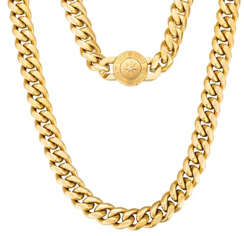 KRKC&CO 12mm Herren Panzerkette mit rundem Kompass Verschluss, 18K Gold plattiert Cuban Link Chain, Edelstahl Miami Kubanische Gliederkette Goldkette, Halskette für Männer Jungen [Größe 55,9cm]