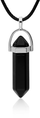 AVANCY Pendentif Homme et Femme Pierre Énergétique Naturelle Forme de Pointe et Zamak Plaqué Argent Collier Amulette Gemme Guérison de Protection Idéal Cadeau, Pequeño, Cordon ciré, Quartz