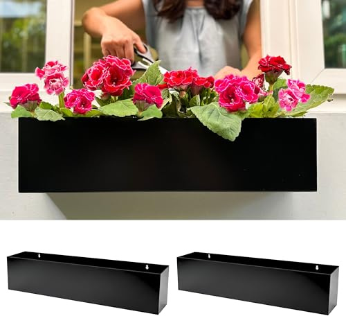 LáLáGreen Set of 2 Rectangular Metal Wall Hanging Flower Pots for Succulent Plants Carbon Steel Long Modern Window Sill Fence Floating Garden Shelf for
