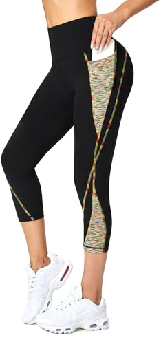 Flatik sportbyxor dam 3/4, dam ogenomskinliga leggings dam, sportleggings dam 3/4 träningsbyxor löpande leggings, Färgglad linje, M