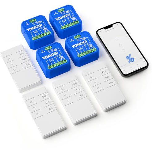 YOMOGI Module Volet Roulant Connecté avec Télécommande RF, 4 Pack Modules WiFi pour Rideau Stores Compatible avec Alexa Google Home pour Contrôle en Pourcentage, Télécommande Appairée