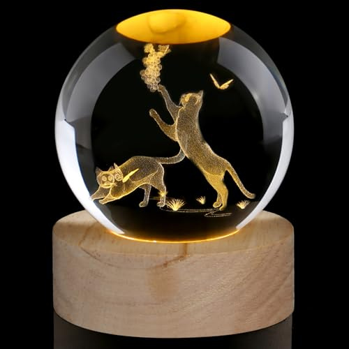 AWARDSEN 3D-Kristallkugel Katze Ornamente Katze Geschenke für Frauen Briefbeschwerer Glas Ornamente Holzsockel Katzenlicht Schlafzimmer Schreibtisch Dekor Warme und verträumte Atmosphäre