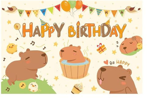 Cartel De Cumpleaños De Jardín, Gran Fondo De Cumpleaños Capybara Colorido - Banner De Buen Cartel De Fiesta Para Niños, Cumpleaños Para Niños Adorable Car
