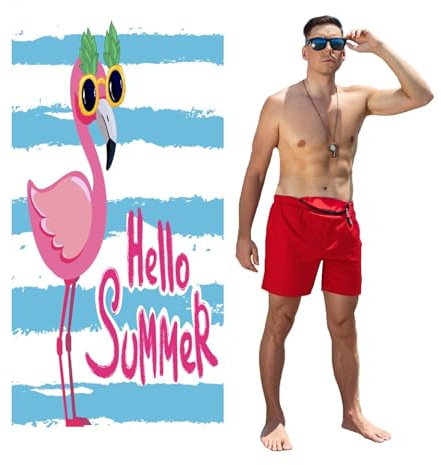 Microfibre Beach Towel, Compact Travel Towels(80cm X 180cm), Absorbent Swimming Towels & Quick Dry Towel, Blue and White Stripes and Flamingo Print Beach Towels for Adults & Child