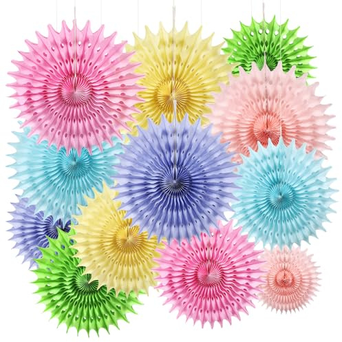 BestoFun 12PCS Paper Fans Pastel Rainbow Colorful Party Decorations Tissue Paper Flowers Decorations for Girl Groovy Birthday Baby Shower Wedding Bachelorette Room Wall Hanging Décor