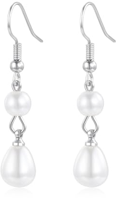 Cangall pärlor örhängen damer, allergivänliga krokar pärlörhängen silver för flickor kvinnor, oändlighet lätta örhängen silver hängande örhängen för brud brudtärna för bröllop förlovning bal