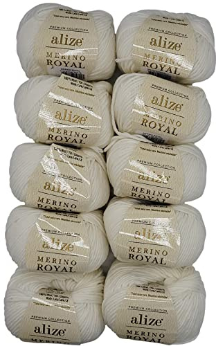 10 x 50g Strickwolle Ilkadim Export Merino Royal, 100% Strickgarn Wolle, 500 Gramm Merinowolle einfarbig (cremeweiss 55)