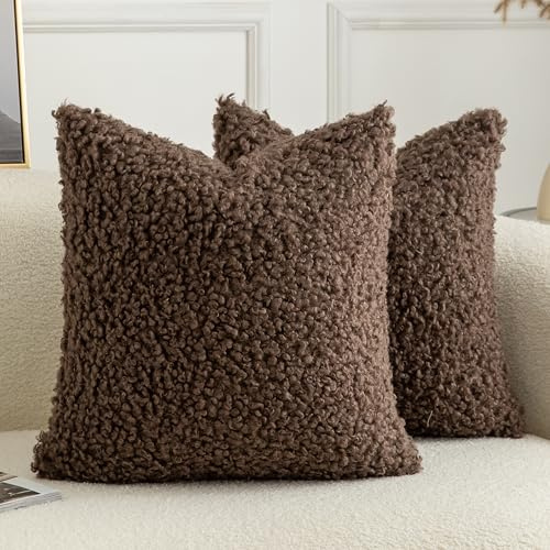 Joyouth 2er Set Curly Teddy Wolle Faux Pelz werfen Kissenbezug Abdeckungen Fuzzy Akzent weiche Sherpa Kissenbezüge Schaffel Fleece Dekorative Kissen Fall für Sofa Couch Wohnzimmer 40x40 cm Schokolade