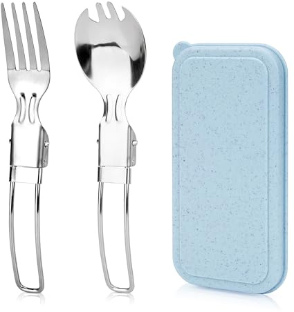 Linkidea Stainless Steel Folding Utensils with Storage Box, Reusable Fork and Spork Set, Travel Lightweight Tableware Accessories Fits Camping Use (Blue)
