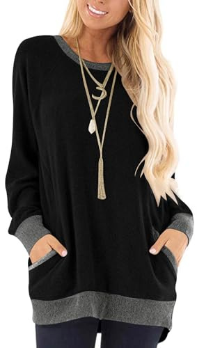 Yuson Girl Magliette a Maniche Lunghe da Donna Maglie Donna Felpa Casual Top Pullover con Tasche Camicia a Maniche Lunghe(Nero, M)