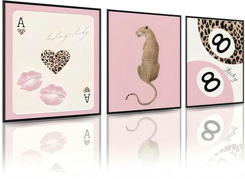 Linilioart 3er-Set Leoparden-Wandkunst, Rosa, Kokette, Gepard, 8 Bälle, bedruckt, luxuriös, ästhetische Dekoration für Schlafzimmer, Wohnzimmer, ohne Rahmen (30 x 40 cm)