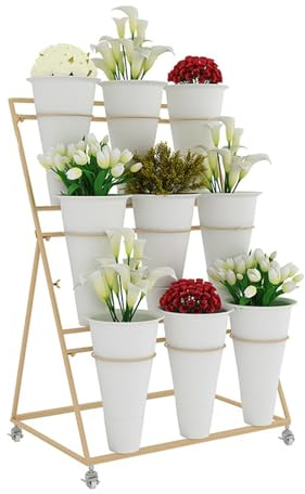 Soporte de exhibición de plantas de metal de 3 niveles con 9 macetas y 4 ruedas con bloqueo, carrito de flores móvil para uso en interiores y exteriores, perfecto para jardín, patio y ramos de