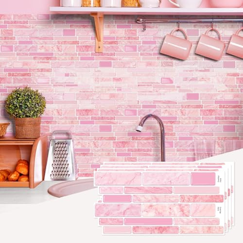 indabyo 20 Sheets Mosaic Marble Effect Tile Stickers Peel and Stick on Tile | Kitchen Bathroom Wall Self Adhesive Vinyl Waterproof Backsplash Sticky Tile Covers Decals (Pink)