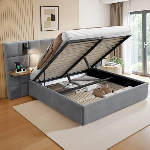 LUXOAK Polsterbett mit Stauraum, Gasdruckfeder, Grau | Bettkasten mit Gasfedern | Leselampen, USB-A/C + Klappablage | stabiler Rahmen bis 454kg Tragkraft