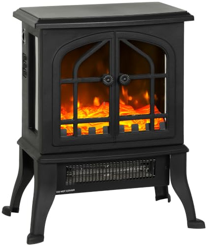 HOMCOM Cheminée électrique avec Effet Flamme 3D 1800/900 W sur Pied Noir | Fausse Cheminée Décorative, Thermostat Réglable, 2 Niveaux de Chaleur, Vue sur 3 Côtés