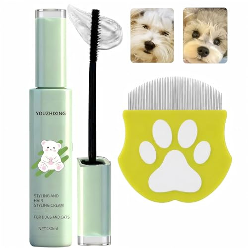 Kit per la cura del viso degli animali domestici, gel per lo styling del viso del cane per occhi e naso (30 g) con pettine in acciaio inox per rimuovere le macchie e lacrime, delicato set 2 in 1 per