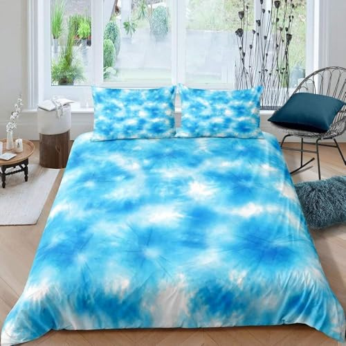 Housse de Couette 240 x 260 Tie-Dye Imprimée 3D Dégradé Bleu et Blanc Parure de Lit 2 Personnes Doux Microfibre Literie avec 2 Taies D'oreillers 65x65 cm avec Fermeture Éclair h-2004