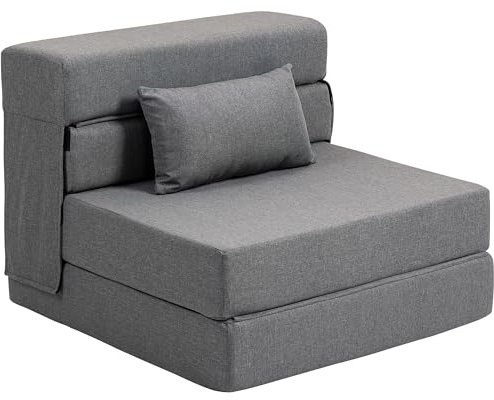 HOMCOM 3 in 1 Schlafsessel mit Leinenoptik 80 x 80 x 64 cm Dunkelgrau | Klappbar, Schlafsofa, Verstellbarer Rückenlehne, Kissen, Bettfunktion, Gästebett, Klappsessel für Wohnzimmer