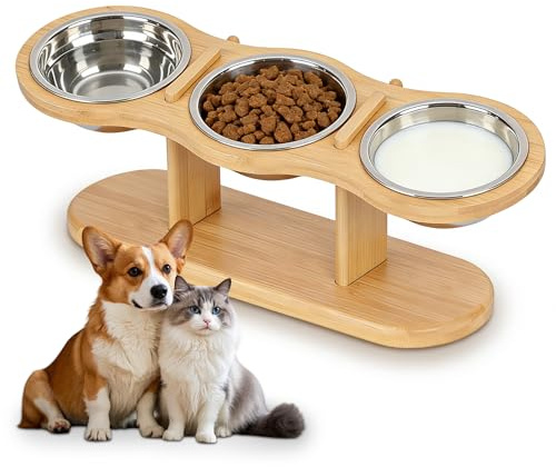 Gamelle Chat Surélevée avec 3 Bols en Acier Inoxydable, Support en Bois, Hauteur Réglable, Gamelle Surélevée pour Chat, Support Gamelle Chat,Gamelles pour Chats et Petits Chiens