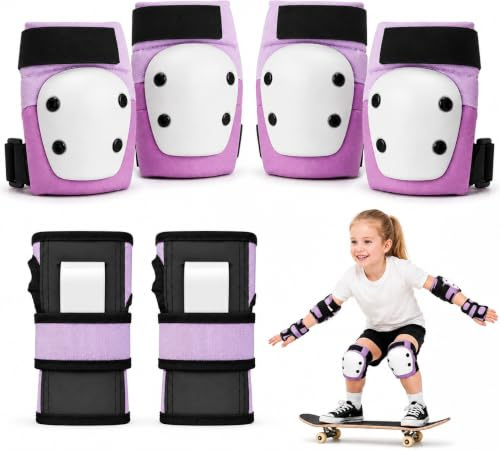 Lafefe Kids Protective Gear Set 6 in 1, Knee Pads Elbow Pads Wrist Guards with PP Shell & EVA Cushion, Adjustable Skating Pads XS Size for Roller Skating Skateboard Cycling (Pink Purple)