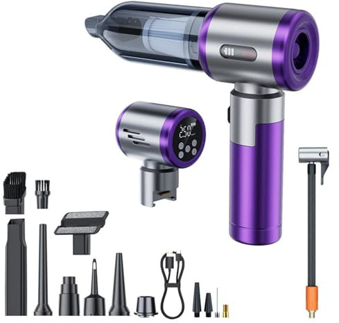 WANWEN Aspirateur portatif sans Fil 2 en 1 et Pompe à air pour Voiture, avec lumière LED, 17 kPa, 6000 mAh, 3 Vitesses, 0,2-10,3 bar/3-150 psi, Chargement USB-C, Module détachable (Violet)