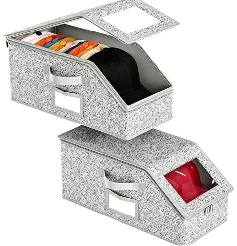 JIANHUA Cap Aufbewahrung Box 2 Stück, Hutbox Organizer 42×22×17cm | Cap Aufbewahrung mit Transparentem Deckel, Doppelreißverschluss & Klappdeckel, Mützen Aufbewahrung, Schlafzimmer