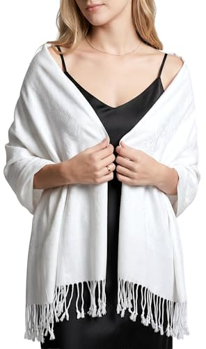 Achillea Two Tone Vintage Jacquard Paisley Pashmina Shawl Wrap Scarf (White)