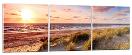 Bilder auf Glas 90x30cm Wandbild Glasdruck Landschaften Maritim - 3540 | Meer Strand Düne Mehrteilige Klein Modern Dekoration Wohnzimmer Schlafzimmer Küche Wanddeko Kunstdruck Art Wall Decor ARTTOR