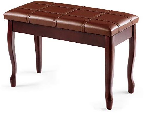 GOPLUS Klavierbank mit verstecktem Stauraum, Pianobank aus Massivem Holz und Kunstleder, Gepolsterter Klavierhocker für 2 Personen, belastbar 160 kg, 75 x 35 x 49 cm (Braun)