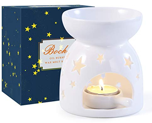Bochee Keramik Duftlampe Aromalampe mit Geschenkbox, Teelichthalter Kerzenhalter Set Sternchenmuster Aroma Diffuser