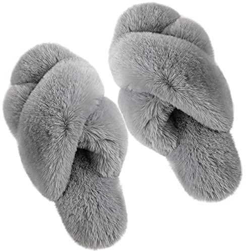 dressfan Ciabatte Donna Pantofole Sandali Punta Aperta da Casa Piatto Tenere Caldo Peluche Pelliccia Antiscivolo Soffice Suola di Gomma per Interno e Esterno,Grigio,40-41