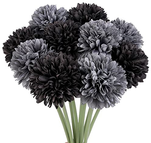 Louiesya Künstliche Blumen, 10 Stück, künstliche Blumen, Seide, künstliche Chrysanthemen-Kugel, Hortensien, Brautstrauß für Zuhause, Garten, Party, Hochzeit, Dekoration (schwarz, grau, 10 Stück)