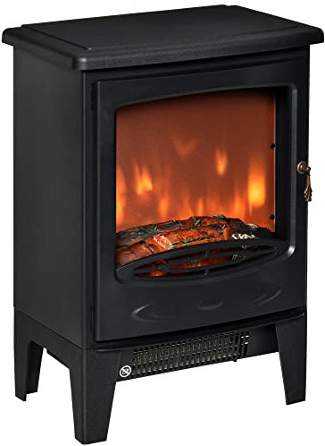HOMCOM Cheminée électrique poêle Style néo-rétro 900-1800 W Simulation Flammes LED luminosité réglable Porte Verre trempé Acier ABS Noir