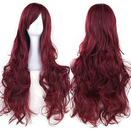 IMISSU Peluca de cosplay de pelo natural rizado largo de 80 cm con flequillo Pelucas de fiesta de disfraces de Halloween coloridas para mujeres (borgoña)