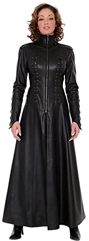 Damen Langer Trenchcoat aus Kunstleder oder echtem Lammfell Matrix-Mantel in voller Länge, Gothic-Stil, Schwarz, Kunstleder, XXXL