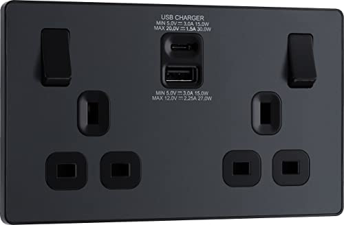 BG Electrical Evolve Prise d'alimentation à double interrupteur avec ports de charge USB C (30 W) et USB A (2,1 A)