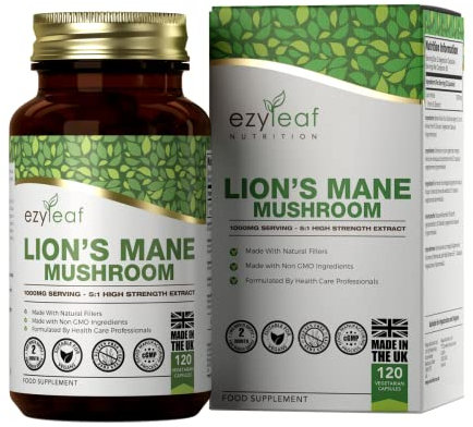 Ezyleaf Lions Mane Nahrungsergänzungsmittel – 1000 mg pro Kapsel | Lions Mane Mushroom | 120 Vegane Löwenmähne Kapseln | Gentechnik-, Gluten-, Milch- und Allergenfrei | Hergestellt in Großbritannien