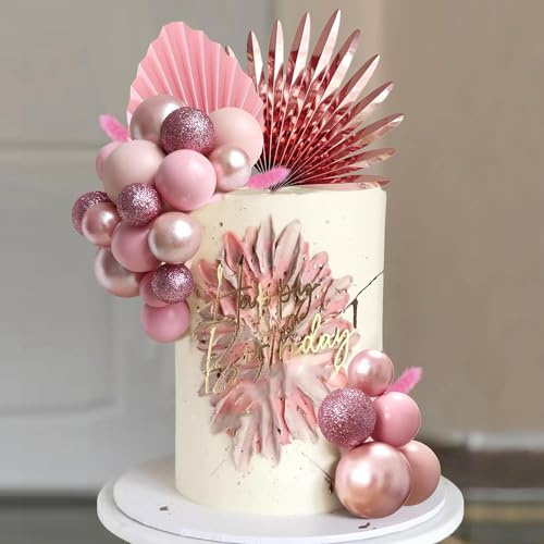 38 PCS Balls Cake Toppers Palm Leaves Cake Decorations for Birthday Wedding Baby Shower Party Supplies (Rose Gold)