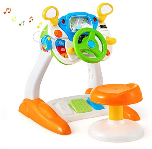 DREAMADE Musikspielzeug zum Cockpit-Thema, Spielzeug Kinder ab 3 Jahre, Lenkrad-Spielzeug mit zyklischer Drehszene, Musik, Sirenengeräuschen & Lichtern