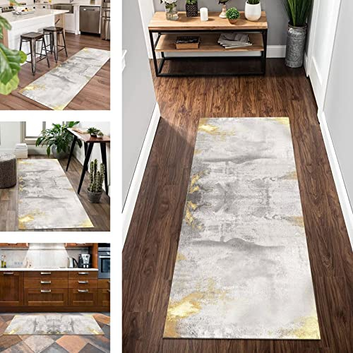 Teppich Läufer Lang Flur Küchen rutschfest waschbar Korridor Teppichläufer Grau Gold 120X500CM Küchenläufer Modern Abstrakt Schlafzimmer Kinderzimmer Wohnzimmer Meterware Teppichmatte Flurläufer