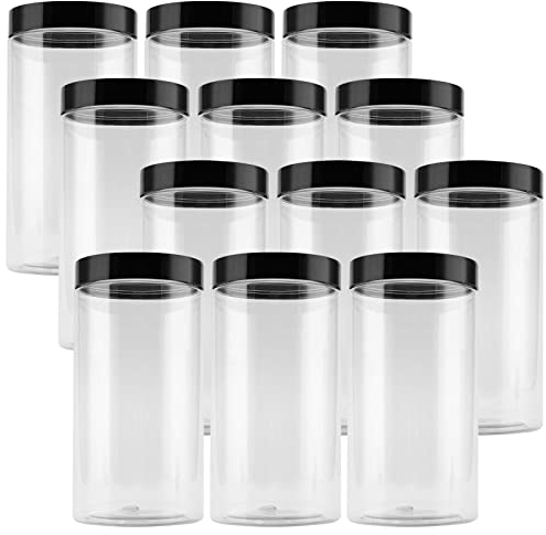 JEUIHAU 12 Pack 1000 ml Plastic Storage Jars with Black Lids, Clear Round Plastic Jars Wide Mouth Plastic Container for Food, Grain, Spice and Candy