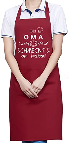 FUKPO Schürze Damen, Verstellbare Kochschürze Baumwolle Wasserdichte Schürzen mit 2 Taschen, Abwaschbar Rot Küchenschürze Frauen Backen Grillschürze Oma Geschenk Muttertag Eburtstag Weihnachten