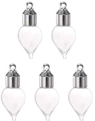 Sourcing Map 5PCS Nom sur Riz Verre Fiole Pendentif 6mm Grandeur Eau Goutter Forme Vis Casquette Clair Fiole Collier Suspendu Souhait Bouteilles pour Liquide Sable Cendres