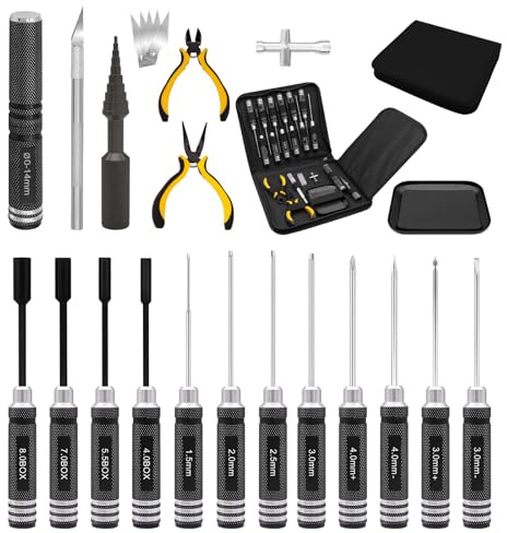 Kit d'outils RC 19 en 1 - Tournevis RC - Écrou Hexagonal Hexagonal - Tournevis cruciforme - Pince RC - Kit de réparation pour 1/8 1/10 Traxxas Axial Arrma DJI - Noir