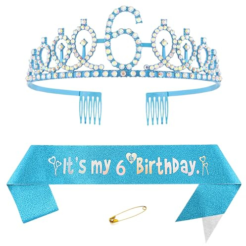 6. Geburtstags Krone und Schärpe für Mädchen Kristall Queen Tiara Princess Crown Blau 6th Birthday Schärpe 6th Geburtstagskrone Geburtstagsschärpe für Girls Geburtstag Dekoration Geburtstagsgeschenk