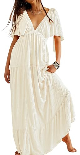 Kikibell Women's Dresses Plus Size Maxi Dress with Sleeves Date Night Outfit for Women Maternity Maxi Dress Beige M