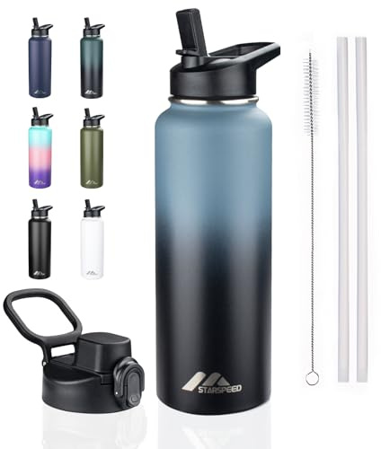 StarSpeed 40oz Insulated Water Bottle with Straws & 2 Lids, Stainless Steel Double Walled Vacuum Water Flask, Wide Mouth Sports Water Bottle for Gym Camping Hiking, Indigo Black