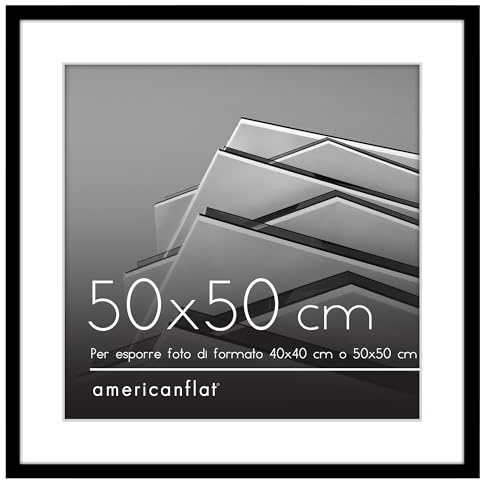 Americanflat Cornice 50x50 cm Nera - Cornice 40x40 cm con Passepartout o 50x50 cm Senza Passepartout - Portafoto con Bordo Sottile in PVC e Pannello Protettivo in Plastica