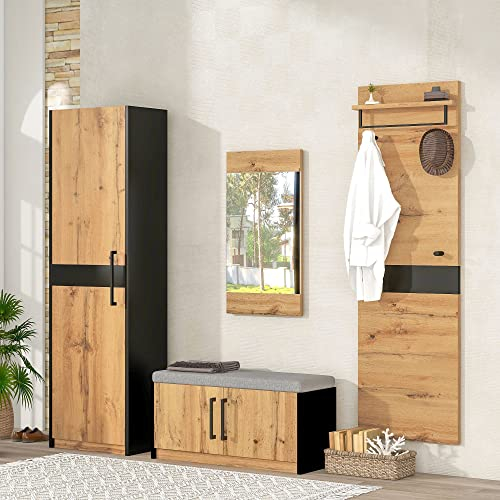 Praktische Wandgarderobe 4er Set mit Spiegel und Bank - Möbelset für Kleiderschrank - Kompakter Stil mit 4 Haken, Stangen und Ablage