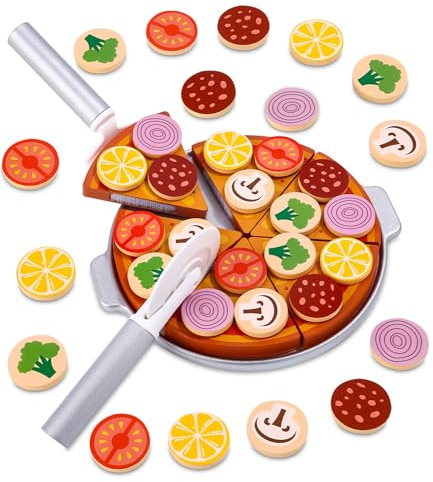 Toaren Pizza Juegos de Madera Juguetes Comida de Madera Pizza Juguetes de Cocina Piezas Cocina Juguete de rol Pizza Cocinita Infantil para Cortar Niños Regalo para Niños 3+ Años
